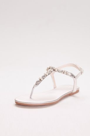 David's Bridal Grey;Ivory Flat Sandals (Pearl and Crystal T-Strap Sandals)